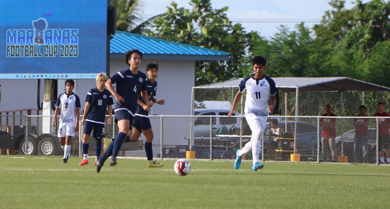 The NMI’s Markus Toves, rights, steps in to keep up with a Guam player during the second game in the Marianas Football Cup 2023 at the NMI Soccer Training Center in Koblerville. Toves is suiting up anew for the NMI when they take on Guam in this weekend’s Marianas Football Cup 2024.