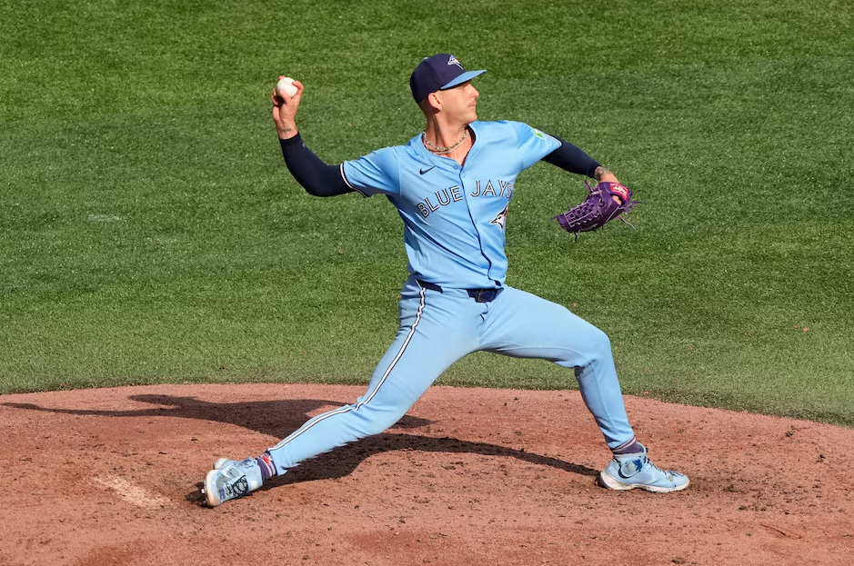 Toronto Blue Jays starting pitcher Bowden Francis (44) pitches to the Los Angeles Angels during the eighth inning at Rogers Centre in Toronto, Ontario, Aug. 24, 2024.