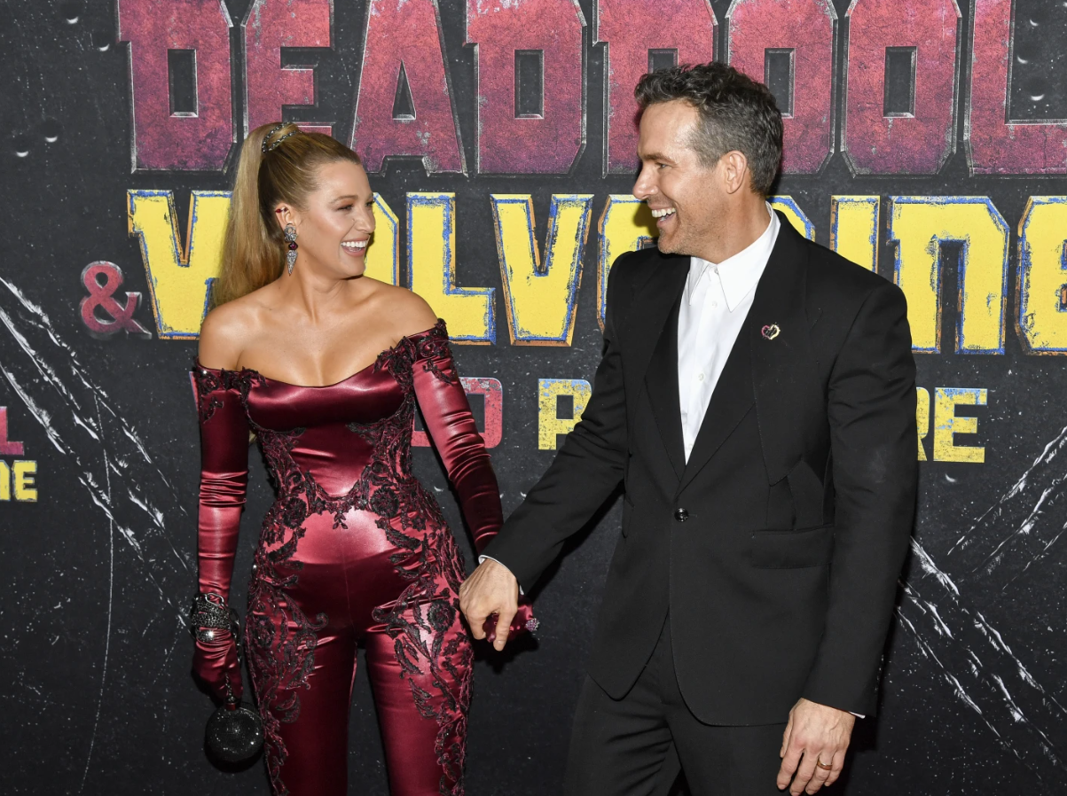 Blake Lively, left, and husband Ryan Reynolds attend the world premiere of Marvel Studios’ “Deadpool & Wolverine” at the David H. Koch Theater on July 22, 2024 in New York.