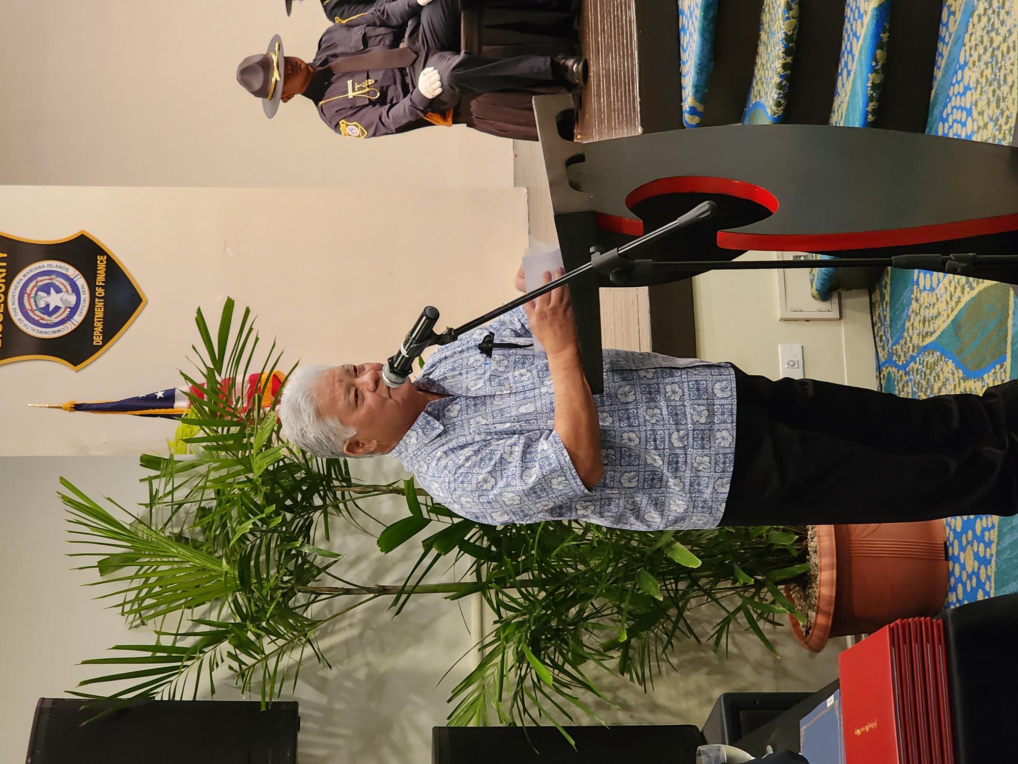 Gov. Arnold I. Palacios delivers his remarks during the graduation and swearing-in ceremony for 16 Customs cadets who completed the 10th Cycle Academy at Crowne Plaza Resort on Friday.                                                                                                                                                     