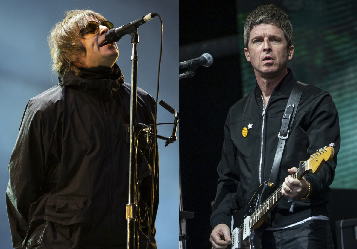 Liam Gallagher, left, performs at the Reading Music Festival in England on Aug. 29, 2021 while Noel Gallagher performs at the Glaston bury Festival in Somerset, England on June 25, 2022.