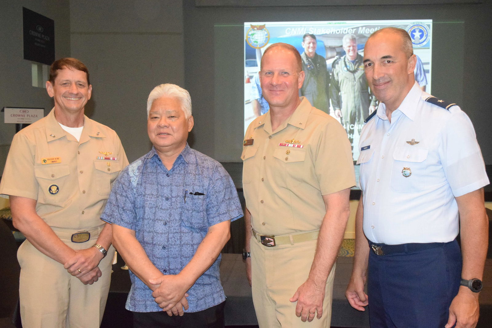 From left, Joint Task Force Micronesia Commander Rear Adm. Gregory Huffman, Gov. Arnold I. Palacios, Joint Region Marianas Commander Rear Adm. Michael B. DeVore and Guam Air National Guard Brig. Gen. Christopher K. Faurot at Crowne Plaza Resort on Wednesday.