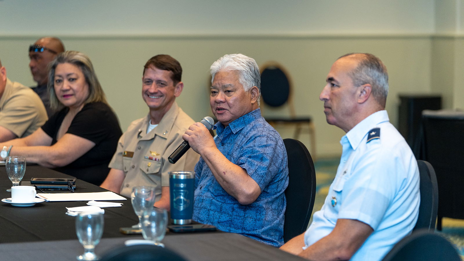As part of the CNMI’s recurring engagement with the U.S. Department of Defense, Gov. Arnold Palacios, Lt. Gov. David Apatang, along with other CNMI officials,  met on Wednesday with senior military leaders who provided top level overview of military projects and activities that are planned or are taking place throughout the CNMI. The executive briefing, which is held quarterly, was led by Adm. Greg Huffman, commander, Joint Task Force Micronesia; Adm. Brent DeVore, commander, Joint Region Marianas; and Brig. Gen. Christopher K. Faurot, commander, Guam Air National Guard. The items discussed included the military training outlook, updates on the Tinian Divert Airfield, Tinian port development activities, the updated Environmental Impact Statement on Tinian, contracting opportunities for CNMI businesses, and other topics.  The governor and lt. governor were joined by Senate President Edith Deleon Guerrero, House and Senate members, Tinian Mayor Edwin Aldan, Saipan Mayor Ramon Camacho, and other members of the governor’s cabinet.