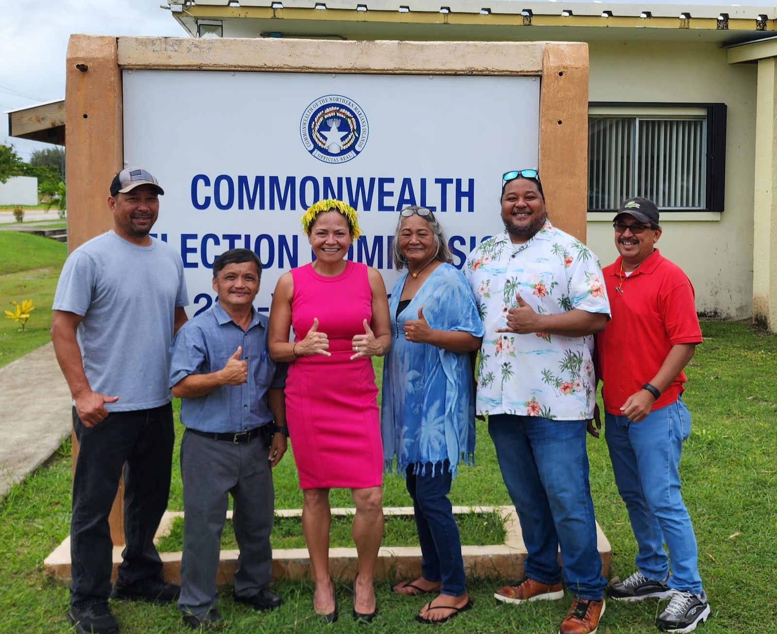The Republican candidate for Congress, Kimberlyn King-Hinds, 3rd left, with Sen. Karl Rosario King-Nabors, Rep. Patrick San Nicolas and Tinian Municipal Council members Joseph Santos, Esteban Cabrera and Ana San Nicolas at the Commonwealth Election Commission on Aug. 2, 2024. All won on Election Day, Nov. 5, 2024.