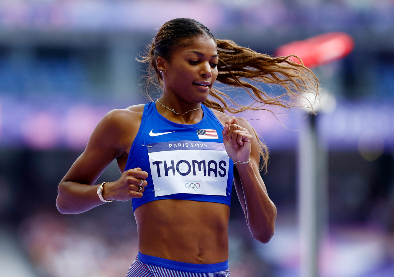 Gabrielle Thomas of the U.S. during round 1 of the women's 200m at Stade de France in Saint-Denis, France, Aug. 4, 2024.