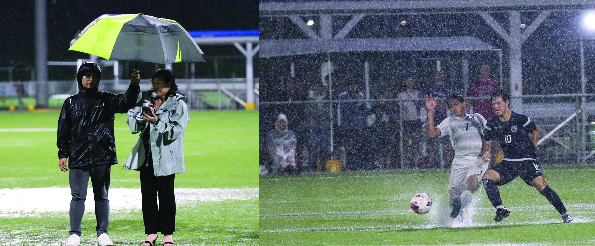 NMI Football Association Vice President Vickie Izuka, left photo, addresses the crowd during the awards ceremony for the Marianas Football Cup 2024. Right photo shows spectators glued to the rain-soaked game 2 of the Marianas Football Cup Sunday night at the NMI Soccer Training Center.
