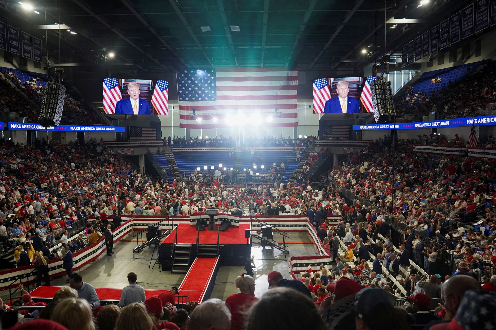 Republican presidential nominee Donald Trump holds a campaign rally in Atlanta, Georgia on Aug. 3, 2024.