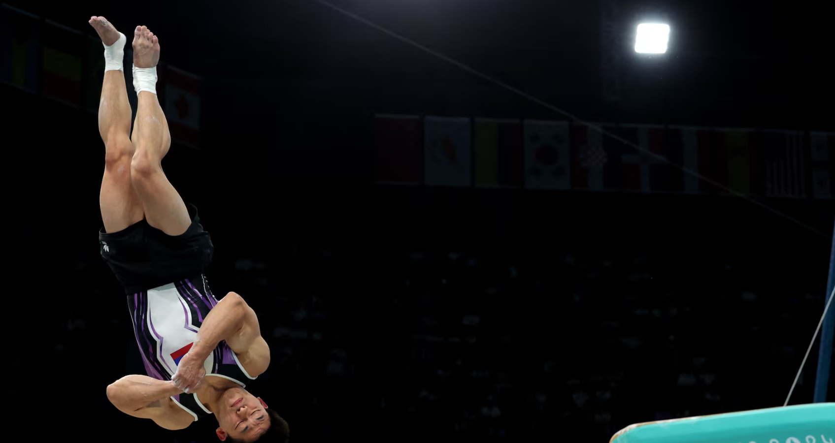 Carlos Edriel Yulo of the Philippines in action during the men's vault final at Bercy Arena in Paris, France on Aug. 4, 2024.