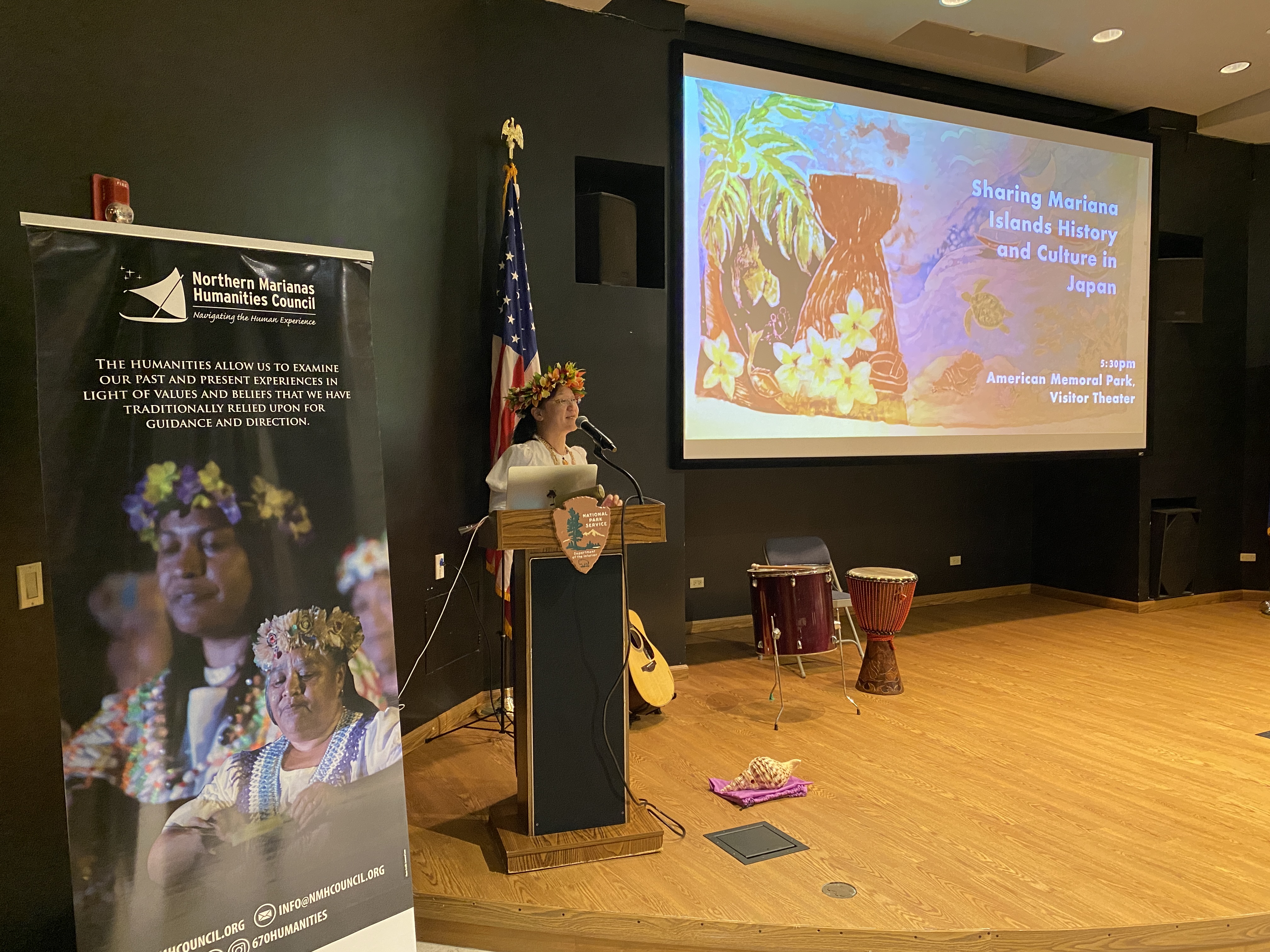 Professor Kyoko Nakayama conducts a lecture on at the Visitor Center of American Memorial Park as part of the Northern Marianas Humanities Council's Community Lecture Series on Aug. 7, 2024.