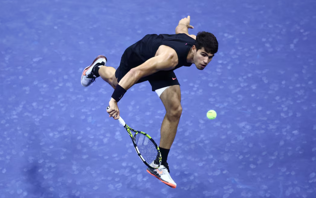 Carlos Alcaraz of Spain in action during his first-round match with Li Tu of Australia in the U.S. Open at Flushing Meadows, New York, Aug. 27, 2024