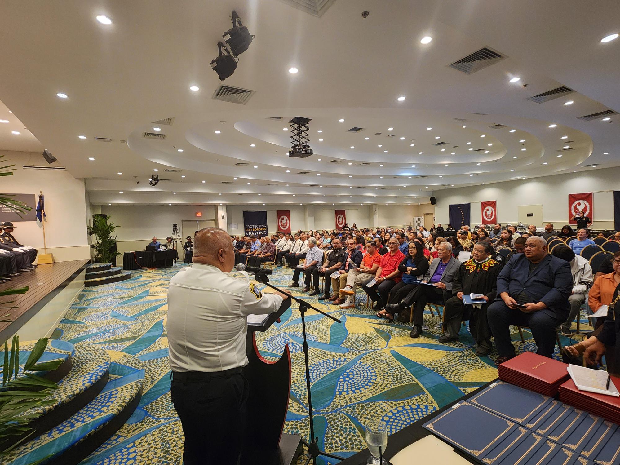 Customs & Biosecurity Director Jose Mafnas delivers his remarks at the 10th Cycle Academy graduation ceremony on Friday.