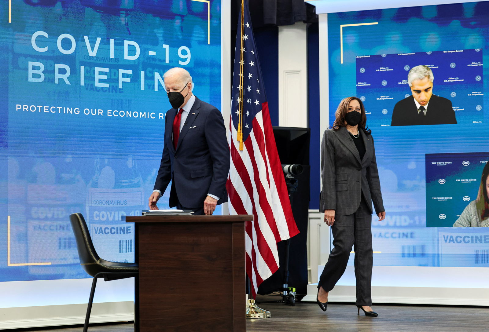 President Joe Biden and Vice President Kamala Harris attend a meeting with members of the White House Covid-19 Response Team in the South Court Auditorium at the White House complex in Washington, D.C., Jan. 4, 2022.