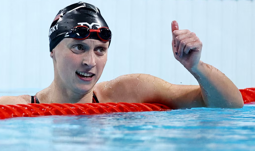 Katie Ledecky of the United States reacts after finishing first in the women’s 800m freestyle final at the Paris La Defense Arena in Nanterre, France on Aug. 3, 2024.