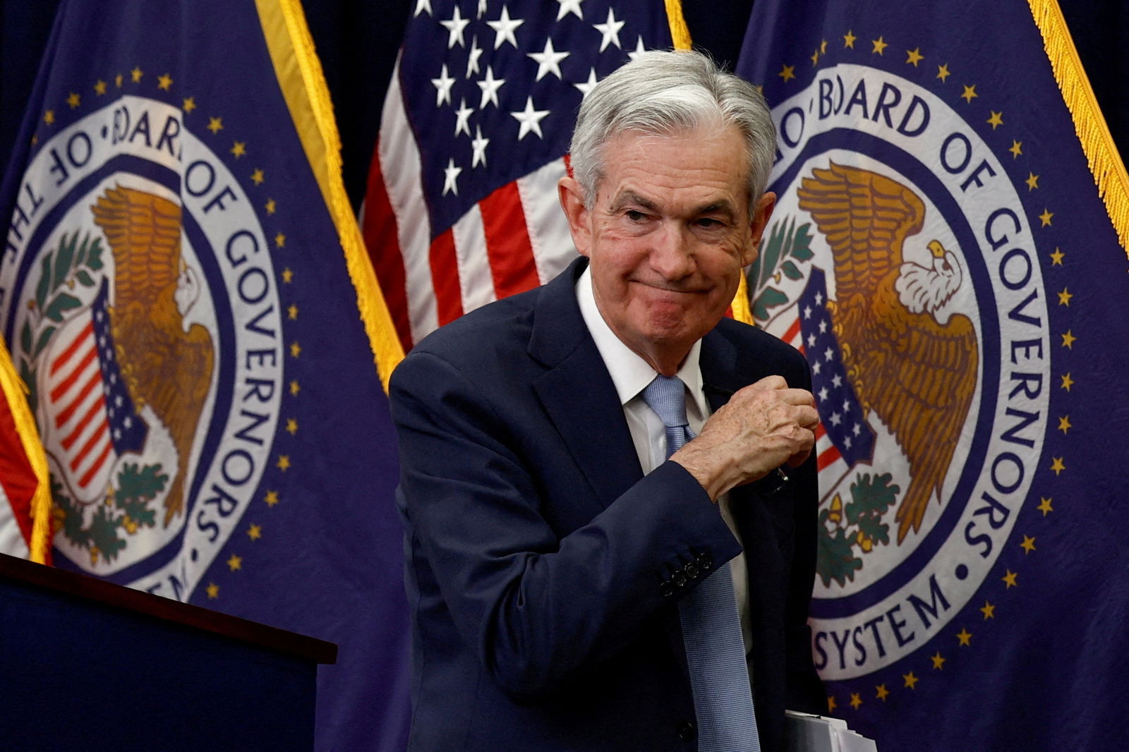 Federal Reserve Board Chairman Jerome Powell leaves after a news conference at the Federal Reserve Building in Washington, D.C., Dec. 14, 2022.