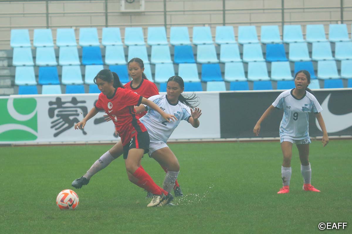 The NMI Women's U15 National Team's Alyssa De Guzman extends in an attempt to intercept the possession during a game against Hong Kong in the East Asian Football Confederation U15 Women’s Championship 2024 at the Dalian Football Youth Training Center in China on Tuesday.