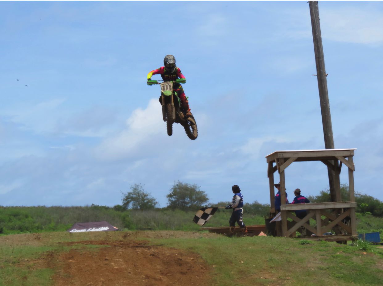 Vicente Palacios gets some air time as he completes a lap in the Intermediate Class during round 7 of the Marianas Racing Association’s “Moto IV” 2024 Points Race Series at CowTown Raceway Park on Sunday.