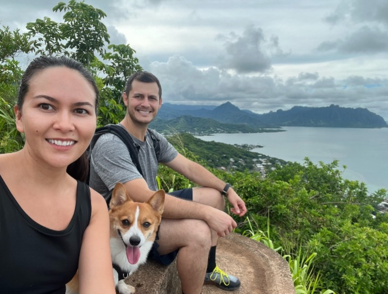 Dr. Rica Ann Dela Cruz and husband Roger with Rusty the Corgi.