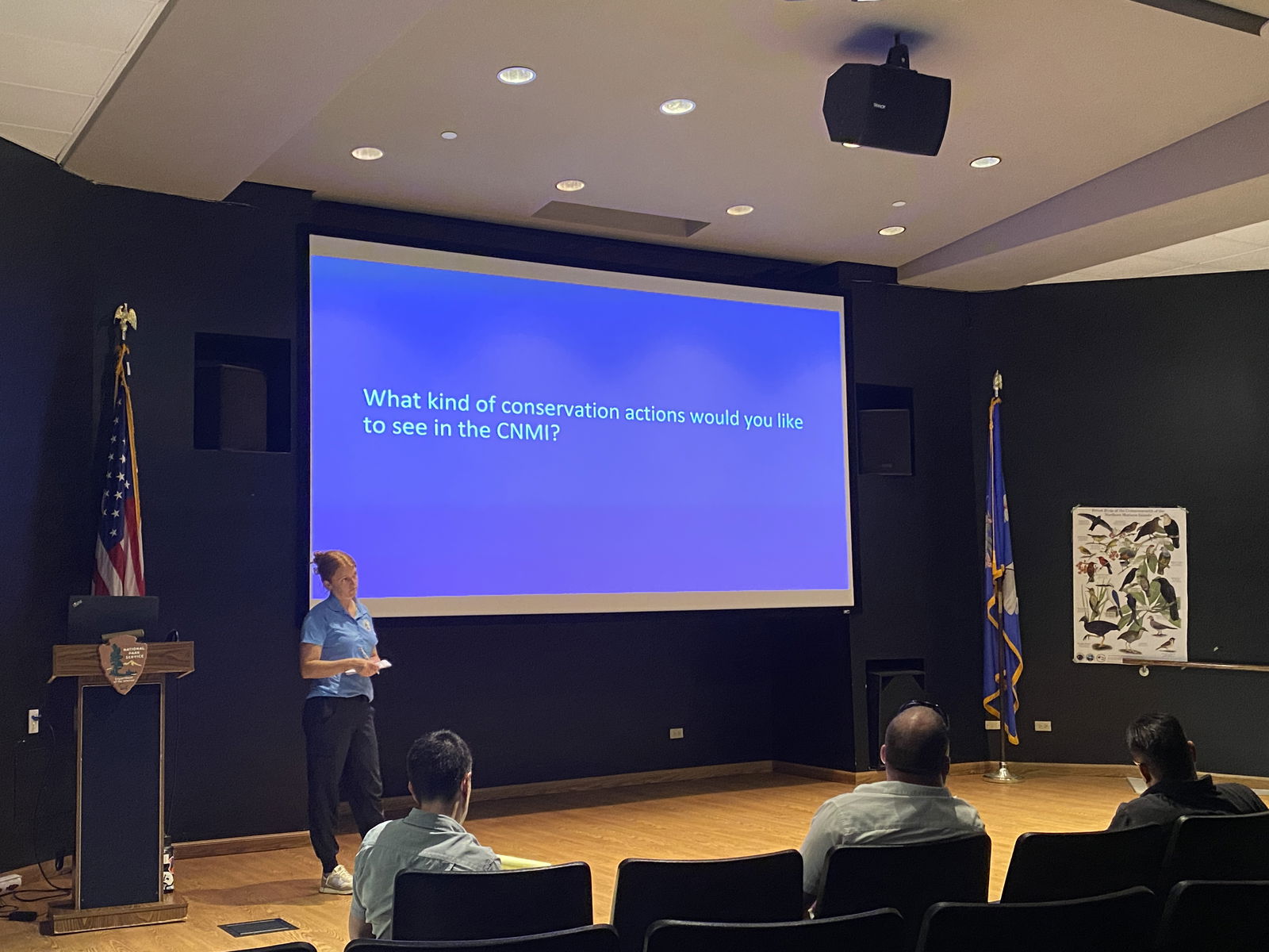 Wildlife biologist and conservation planner Dacia Wiitala speaks at a public meeting on the CNMI Division of Fish and Wildlife’s 2025-2036 Wildlife Action Plan. 