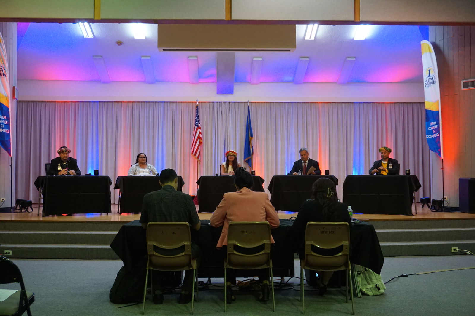 The delegate candidates on stage. From left, Edwin Propst, Liana S. Hofschneider, Kimberlyn King-Hinds, James Rayphand and John Gonzales. 