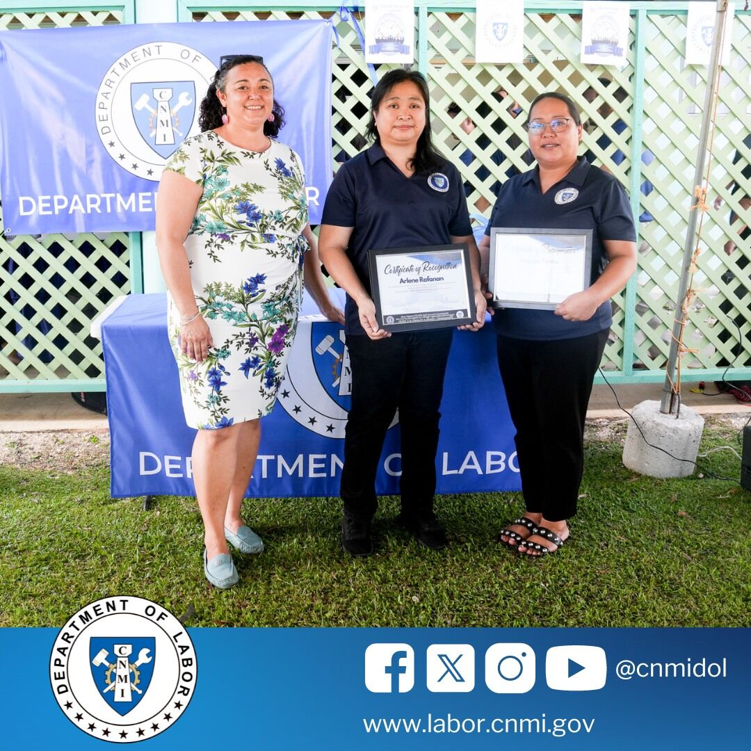 CNMI Department of Labor Secretary Leila Staffler, left, poses with Frances Torres, the DOL Leadership of the Year awardee, and Arlene Rafanan, the Department Employee of the Year, during the Public Service Recognition Week celebration on May 10, 2024.