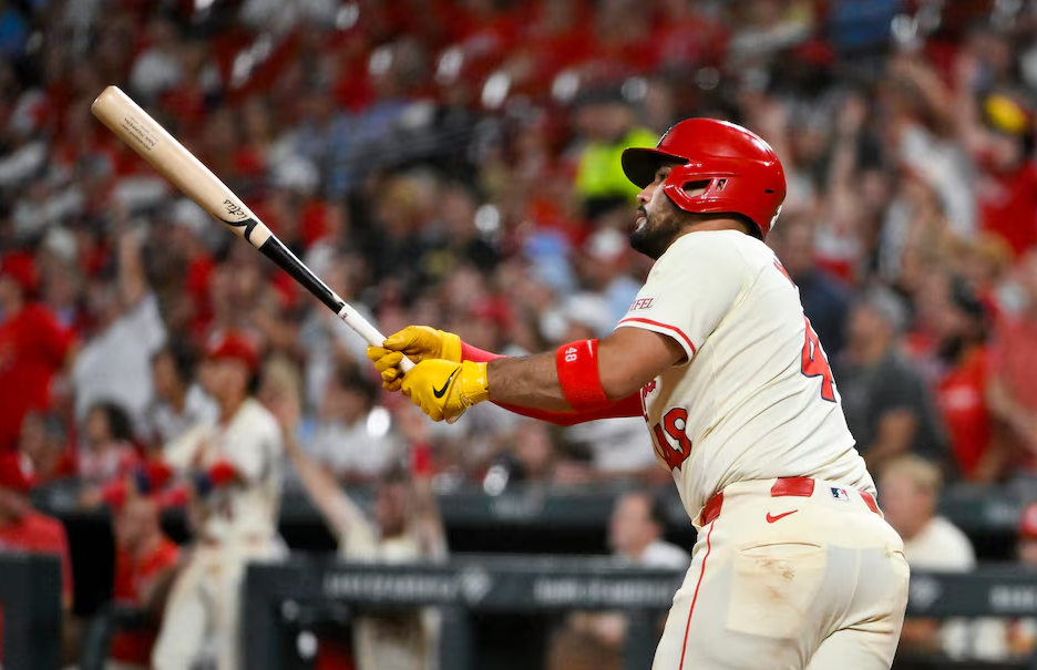 St. Louis Cardinals catcher Ivan Herrera (48) hits a three-run home run against the Cleveland Guardians during the seventh inning at Busch Stadium in St. Louis, Missouri, Sept. 21, 2024.