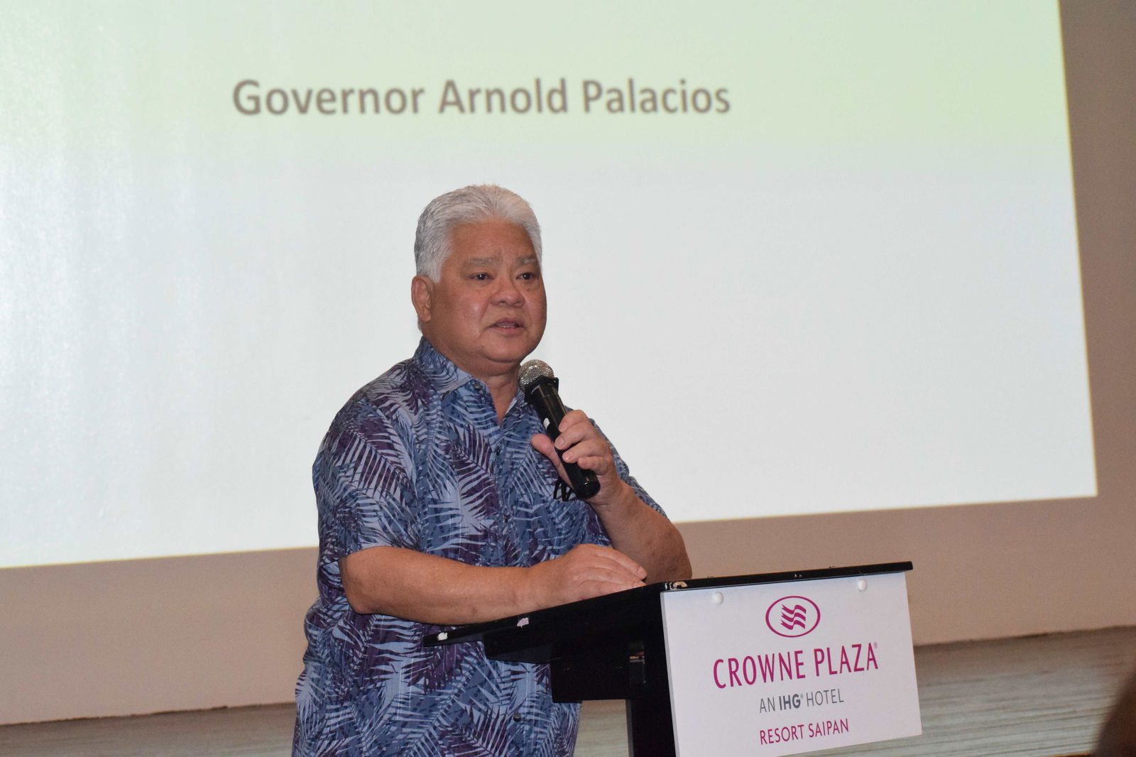 Gov. Arnold I. Palacios delivers his remarks at the Industry Day event hosted by the Naval Facilities Engineering Systems Command at Crowne Plaza Resort on Thursday.
