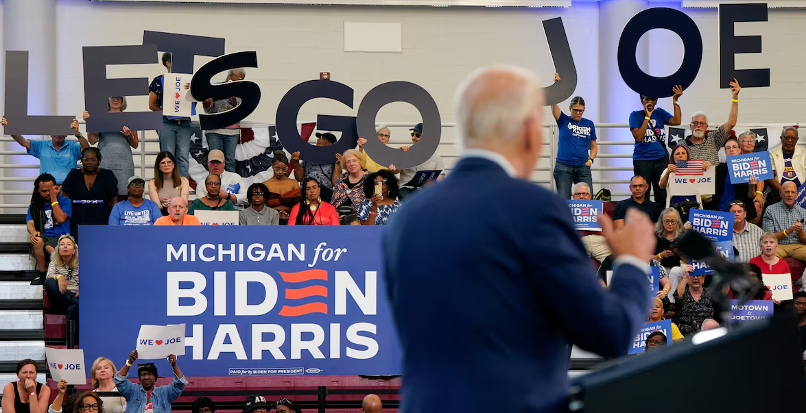 Supporters of President Joe Biden listen to him speak during a campaign event at Renaissance High School in Detroit, Michigan, July 12, 2024.