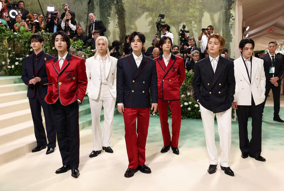 Changbin, Lee Know, I.N, Hyunjin, Seungmin, Felix and Bang Chan of Stray Kids pose at the Met Gala, an annual fundraising gala held for the benefit of the Metropolitan Museum of Art's Costume Institute with this year's theme “Sleeping Beauties: Reawakening Fashion” in New York City, May 6, 2024.