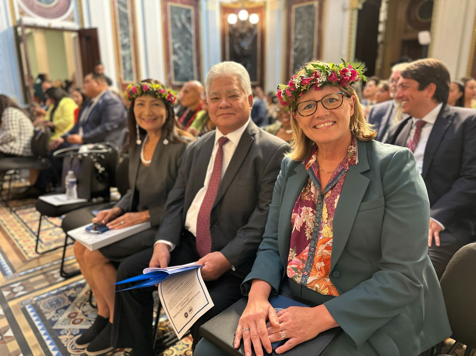Gov. Arnold I. Palacios recently spoke at the inaugural White House Native Hawaiian Pacific Islander or NHPI Convening that brought together key NHPI leaders, private sector leaders, federal and state elected officials, federal appointees and staff. His remarks at the White House NHPI Convening were part of his visit to the nation’s capital that included separate meetings with Kurt M. Campbell, U.S. deputy secretary of State, senior officials at the U.S. Department of Interior, and other federal partners. He also met with U.S. Trade Representative Katherine Tai, a cabinet-level administration official who leads the country’s trade discussions with other nations. In photo with Governor Palacios are Department of the Interior Deb Haaland, left, and Federal Emergency Management Agency Administrator Deanne Criswell, right. 