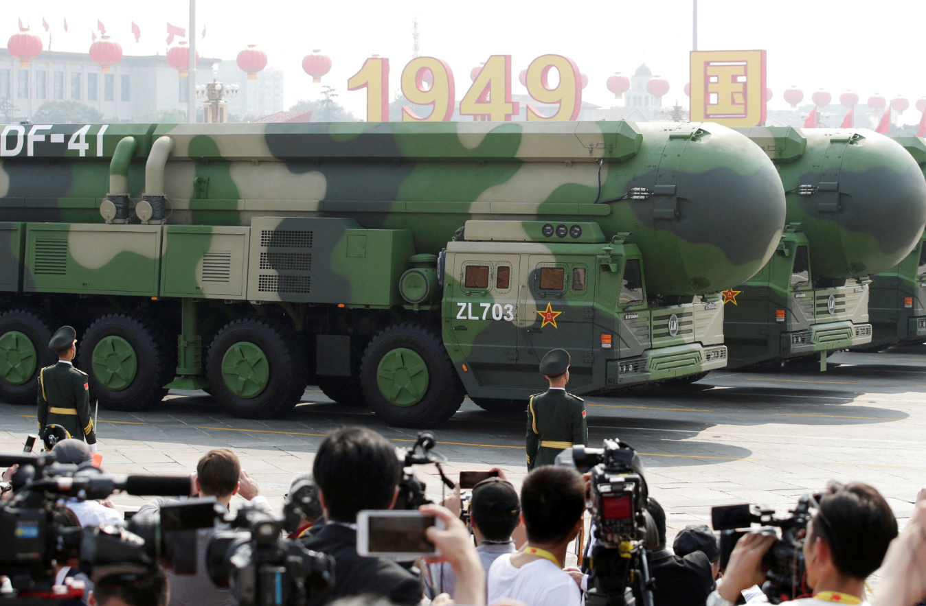 Military vehicles carrying DF-41 intercontinental ballistic missiles travel past Tiananmen Square during the military parade marking the 70th founding anniversary of People's Republic of China, on its National Day in Beijing, China October 1, 2019.