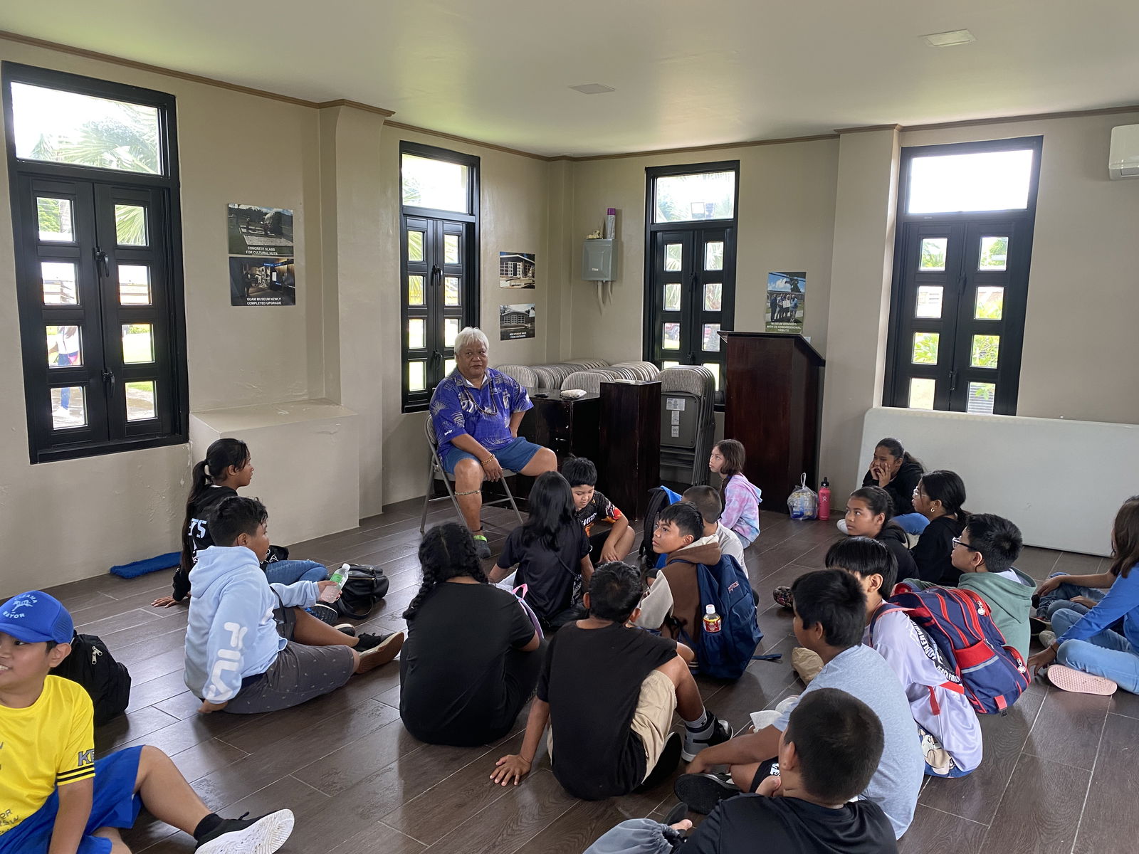 Donald Mendiola, a  eacher and yo’åmte/suruhuanu, speaks to school children about chanting and spirits during the Cultural Roadmap program on Friday, Sept. 6 at the NMI Museum of History and Culture.