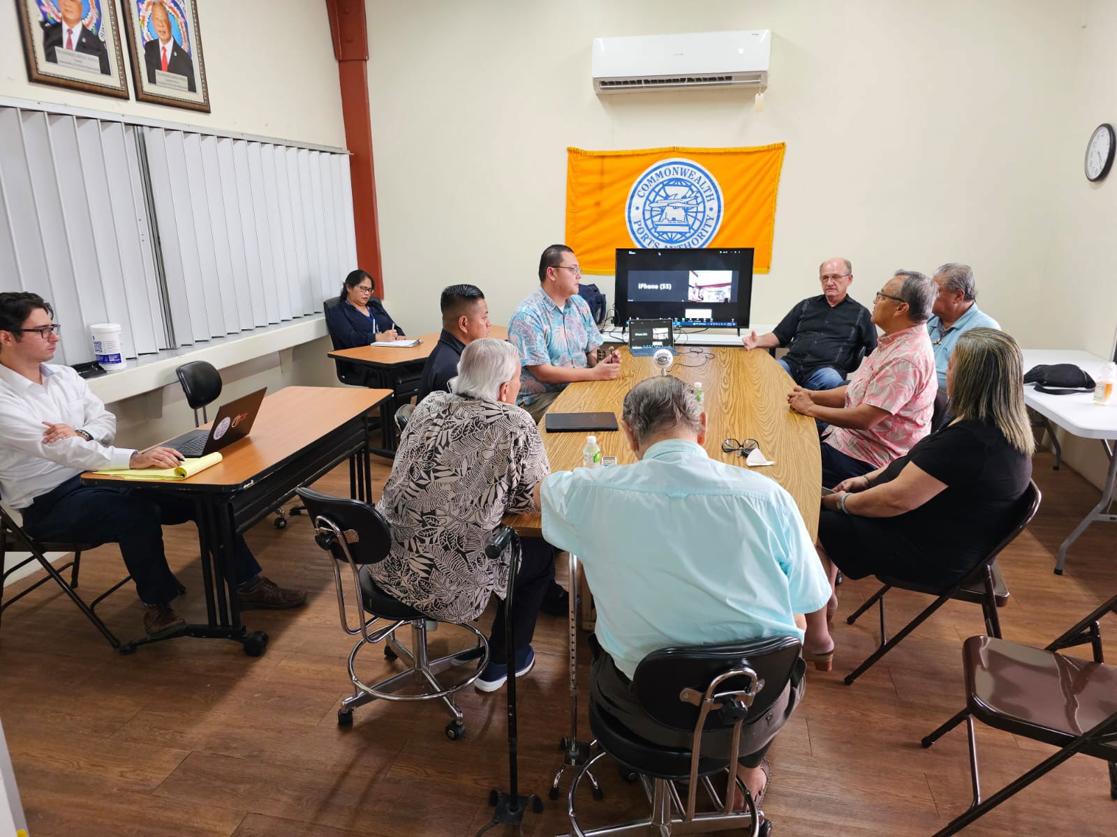 Sen. Paul A. Manglona speaks as Senate President Edith Deleon Guerrero and Senate Vice President Donald Manglona listen during a meeting with officials of the Commonwealth Ports Authority, U.S. Customs and Border Protection and Star Marianas Air Inc. in CPA’s conference room on Wednesday afternoon.