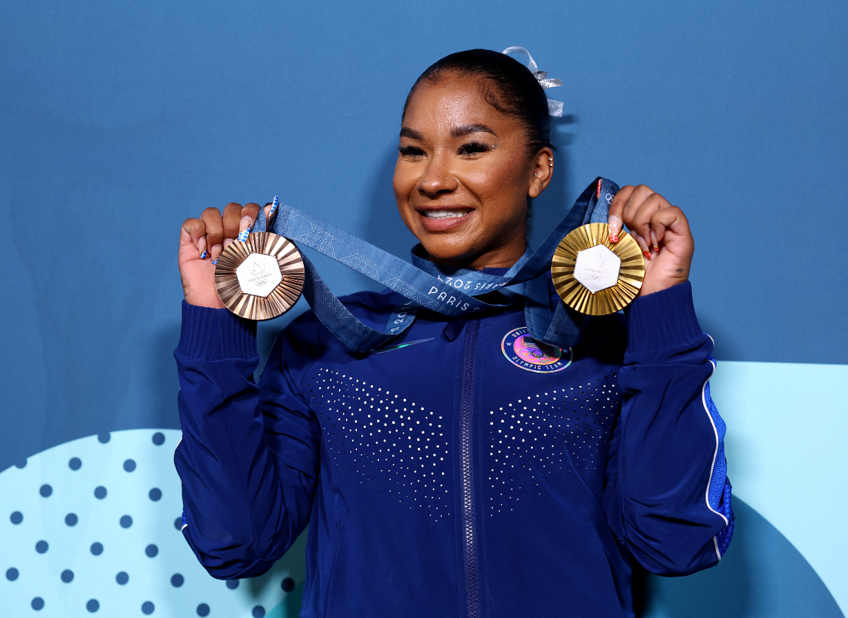 Jordan Chiles of United States celebrates with her Olympic medals at the Bercy Arena in Paris, France on Aug. 5, 2024.