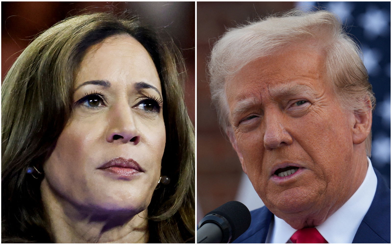 Vice President Kamala Harris in Milwaukee, Wisconsin, U.S. Aug. 20, 2024 and former President Donald Trump in Bedminster, New Jersey, Aug. 15, 2024 are seen in a combination of file photographs. 