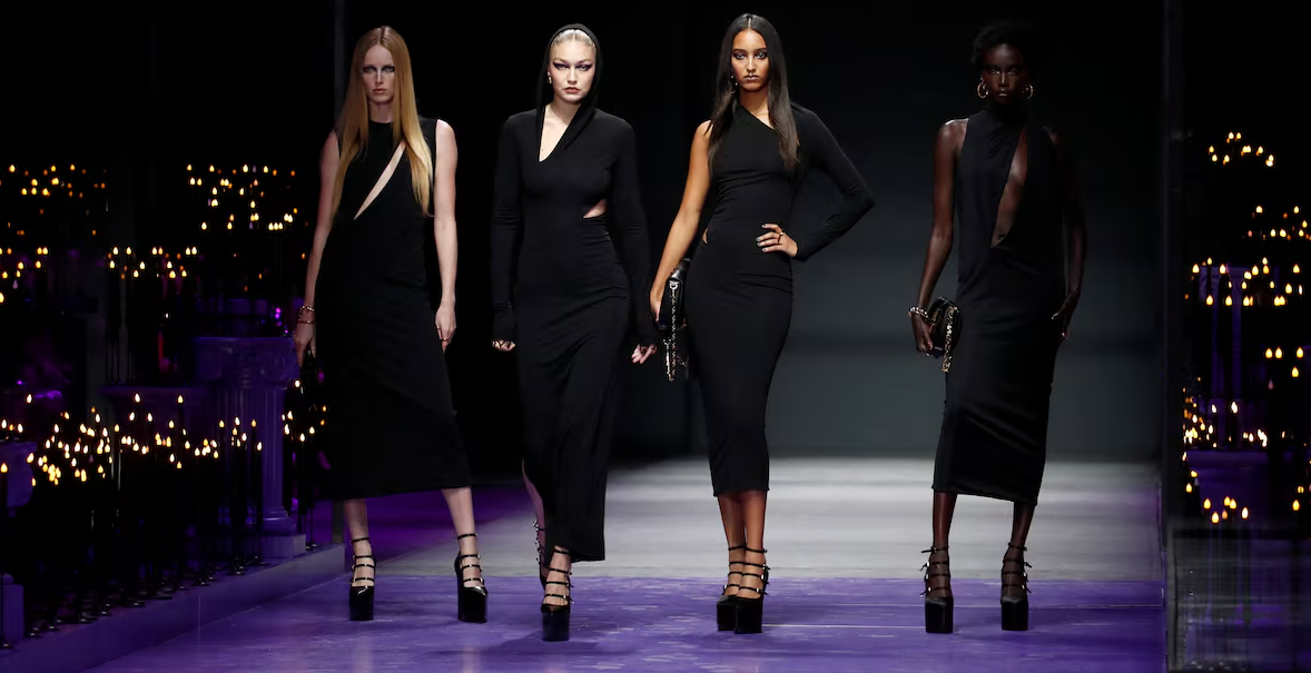 Model Gigi Hadid presents a creation from the Versace Spring/Summer 2023 collection during Milan Fashion Week in Milan, Italy, Sept. 23, 2022.