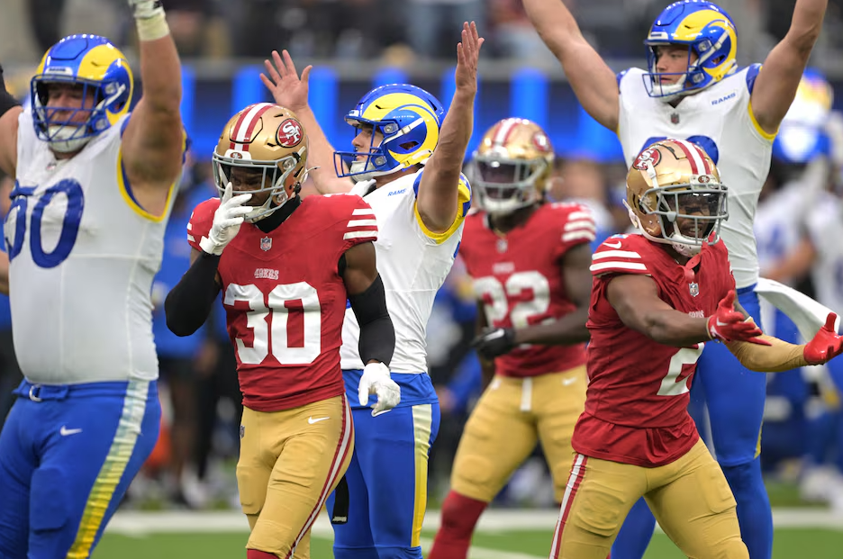 Los Angeles Rams place kicker Joshua Karty (16), center, celebrates after scoring the game winning field goal in the fourth quarter against the San Francisco 49ers at SoFi Stadium in Inglewood, California, Sept. 22, 2024.