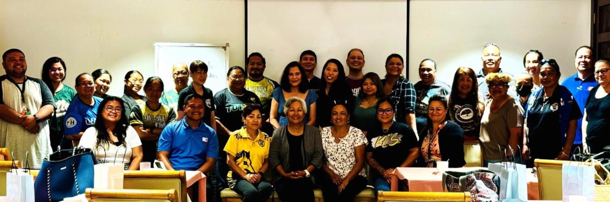 Marianas Tourism Education Council Chairwoman Vicky Benavente, seated center, leads an MTEC orientation for school MY WAVE (Marianas Youth Welcome All Visitors Enthusiastically) club advisors on Sept. 13, 2024, at Pacific Islands Club Saipan. Also pictured are other MTEC directors, Marianas Visitors Authority staff, and school MY WAVE Club advisors.