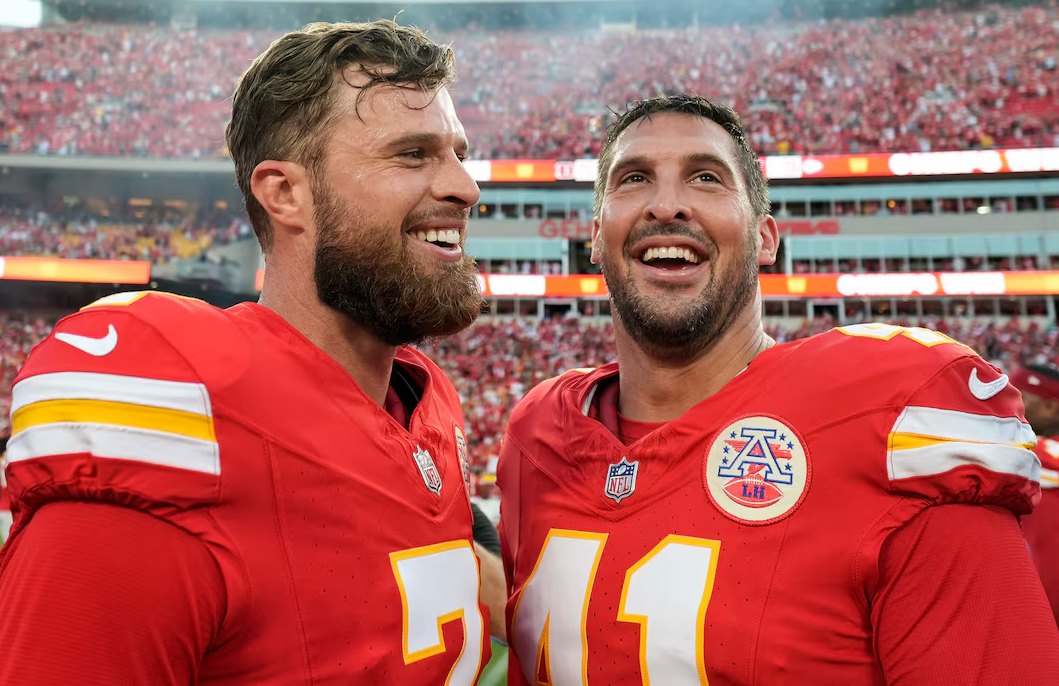 Kansas City Chiefs place kicker Harrison Butker (7) and long snapper James Winchester (41) celebrate after defeating the Cincinnati Bengals at GEHA Field at Arrowhead Stadium in Kansas City, Missouri, Sept. 15, 2024.