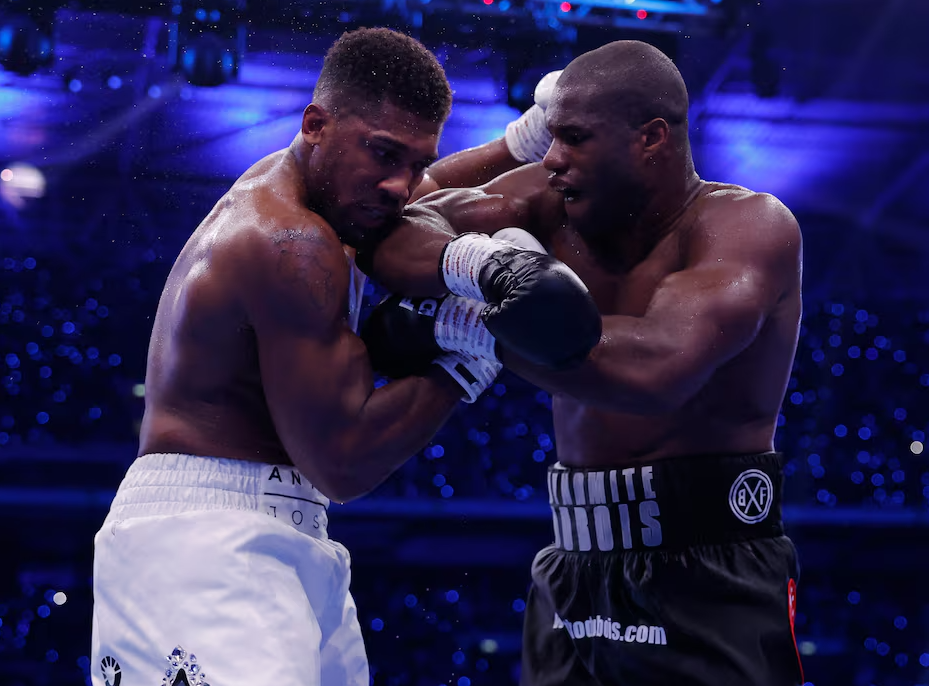 Anthony Joshua in action against Daniel Dubois for the IBF World Heavyweight Title at Wembley Stadium in London, Britain on Sept. 21, 2024.