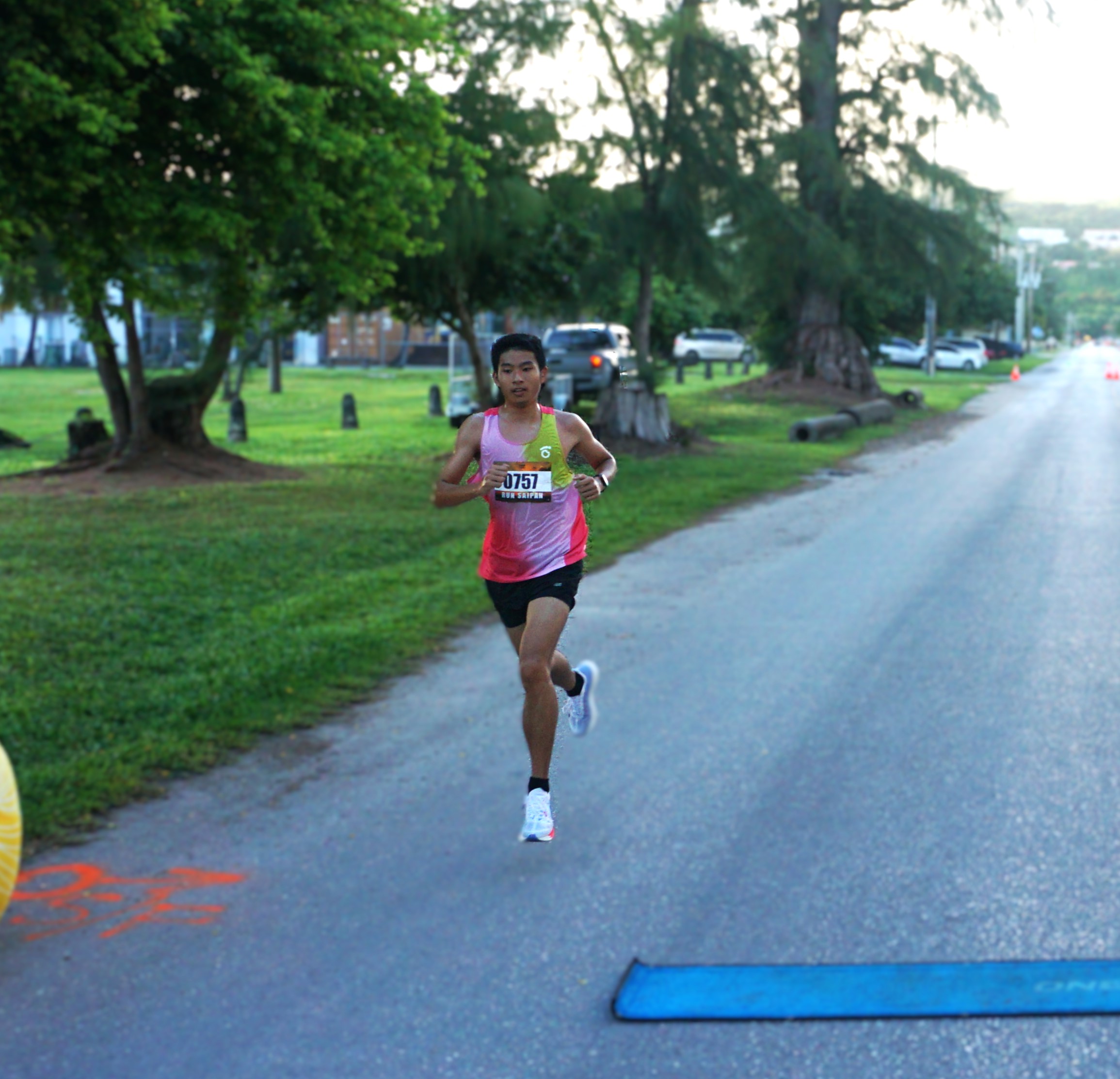Jireh Wang pushes through the final leg of the 5K Fun Run of the Run Saipan Labor Day Half Marathon 2024 at American Memorial Park on Saturday.