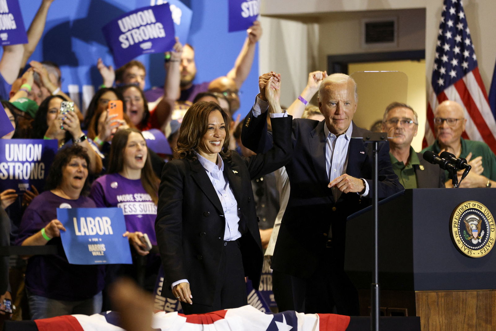President Joe Biden and Democratic presidential nominee Kamala Harris attend a Labor Day campaign event, at IBEW Local Union #5 in Pittsburgh, Pennsylvania, Sept. 2, 2024.