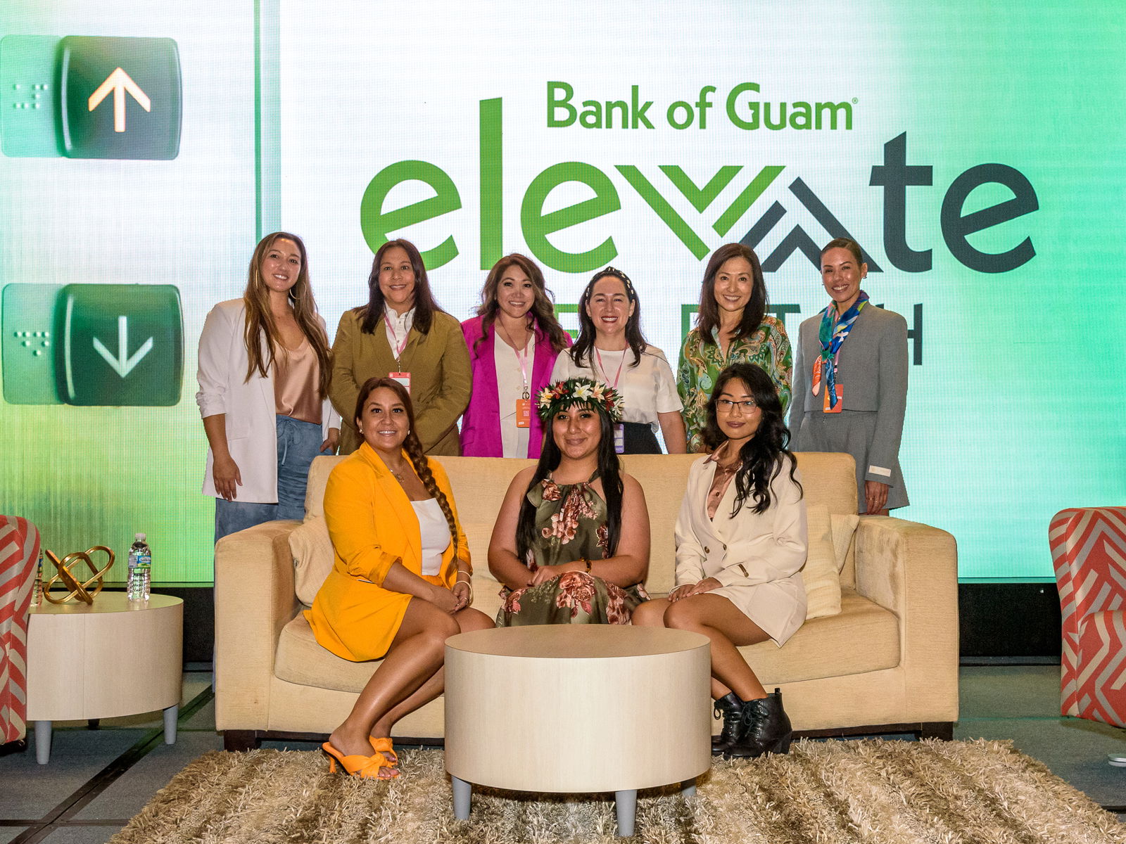 Bank of Guam, in partnership with the Guam Women’s Chamber of Commerce and KUAM Communications, announces the winner of the Elevate-HER Pitch Program Competition. Karmen George, the founder of Nemin Boutique was selected as the Grand Prize Winner along with The People’s Choice Award at the Fanachu Famalåo’an 2024: ElevateHER, the GWCC’s signature women’s summit on Sept. 19, 2024 at the Dusit Thani Guam Resort. Pictured, back row from left, Samantha Taitano, president, GWCC; Marie Calvo-Monge, chief executive officer, KUAM Communications/Pacific Telestations LLC; Jessica Leon Guerrero, president, M80 Systems, Inc.; Maria Leon Guerrero, executive vice president and chief operating officer, Bank of Guam; Mika Caldwell, vice president, Archway Inc.; and Lesley Leon Guerrero, senior vice president, chief experience officer, Bank of Guam. Seated from left, Abby Crain, founder, The Blue Latitude and finalist; Karmen George, founder, Nemin Boutique and Elevate-HER Pitch Program winner; and Kayla Mari Del Rosario, founder of CannaCutlery and finalist.