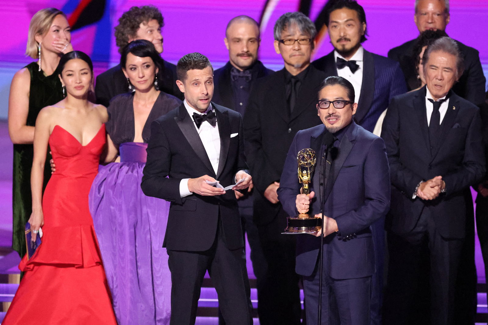 Hiroyuki Sanada and the cast and crew of "Shogun" accept the award for Best Drama Series at the 76th Primetime Emmy Awards in Los Angeles, California, Sept. 15, 2024.