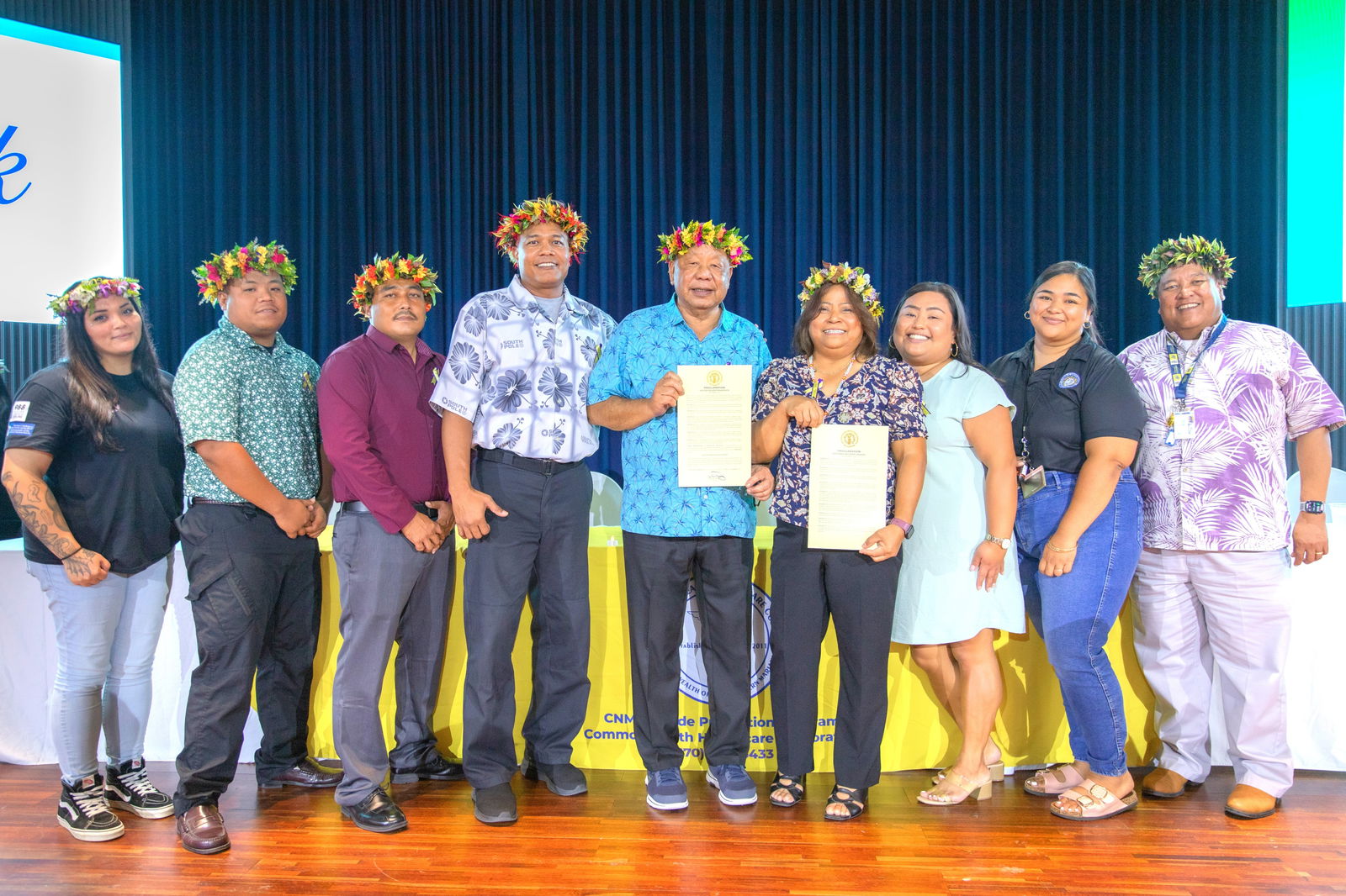 In photo: Sharina Clark, CHCC-CGC Suicide Prevention; Manny Camacho Jr., inspirational speaker; Mike Evangelista, proclamation reader; Jawn Joyner, proclamation reader; Lt. Gov. David M. Apatang; CHCC CEO Esther Muna; CHCC COO Halina Palacios; CHCC Board Member Mariah Barcinas; and CHCC-CGC Administrator for Addition Services Joe Kevin Villagomez.
