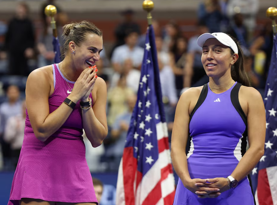 Belarus’ Aryna Sabalenka, left, celebrates winning her U.S. Open final match against Jessica Pegula of the U.S. in Flushing Meadows, New York, Sept. 7, 2024.