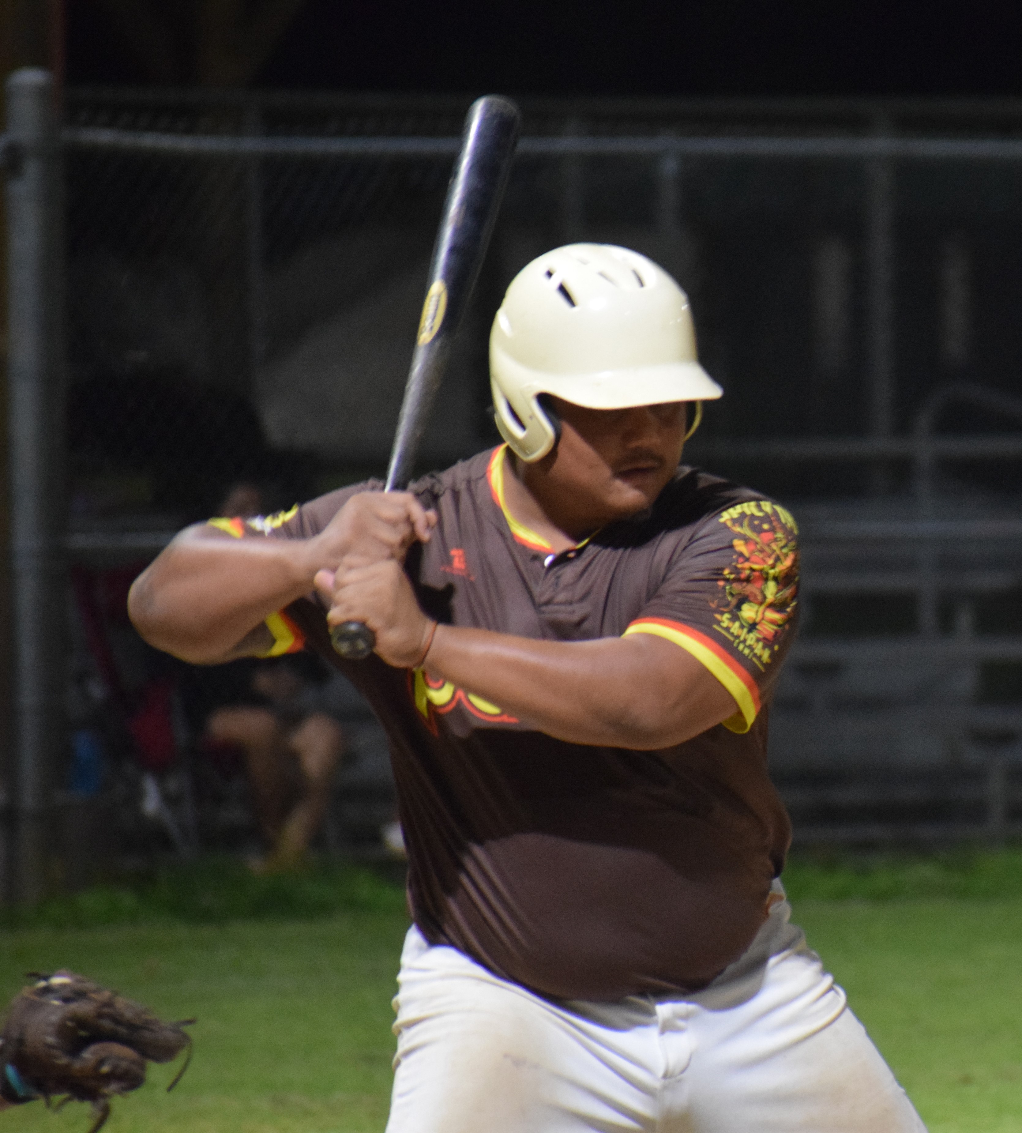 Padres designated hitter Jordan Suel prepares to swing it during a semifinal game against the Bandits in the 2024 Tan Holdings Saipan Baseball League at the Francisco “Tan Ko” Palacios Baseball Field on Friday night.