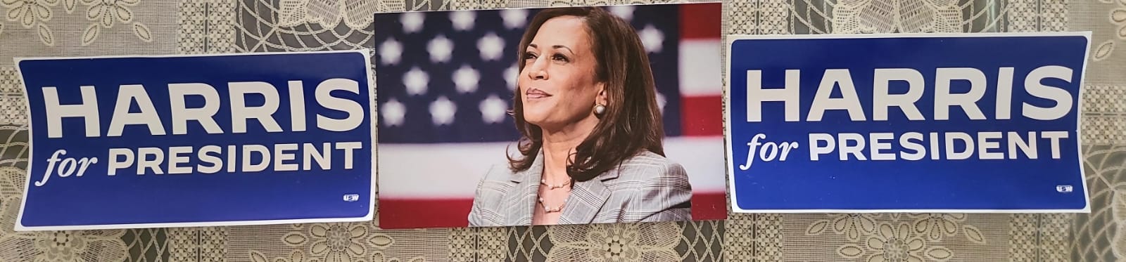 Former Tinian Sen. David M. Cing is happy to share the bumper stickers and photo of Vice President Kamala Harris that he and his wife, Daria, received two weeks ago.