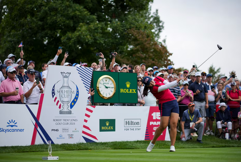 Allisen Corpuz of Team USA plays her shot from the 15th tee during the Foursomes matches against Team Europe in the first round of the Solheim Cup 2024 at Robert Trent Jones Golf Club in Gainesville, Virginia, Sept. 13, 2024.