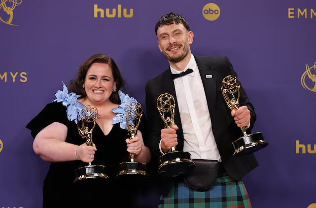 Jessica Gunning, winner of the Outstanding Supporting Actress in a Limited or Anthology Series or Movie award, and Richard Gadd, winner of the Outstanding Lead Actor in a Limited or Anthology Series or Movie and the Outstanding Writing for a Limited or Anthology Series or Movie awards for "Baby Reindeer," which was awarded with the Emmy for Outstanding Limited or Anthology Series, pose at the 76th Primetime Emmy Awards in Los Angeles, California, Sept. 15, 2024.