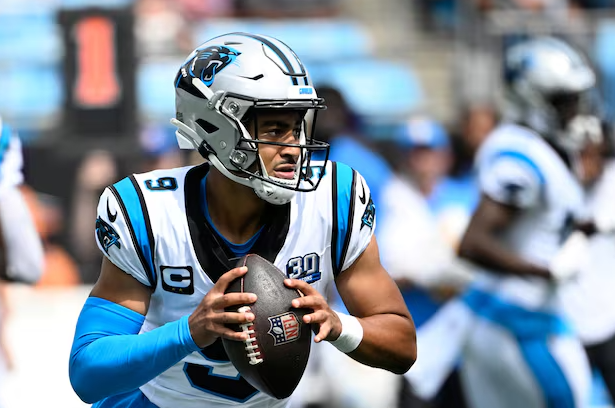Carolina Panthers quarterback Bryce Young (9) looks to pass in the third quarter at Bank of America Stadium in Charlotte, North Carolina, Sept. 15, 2024.